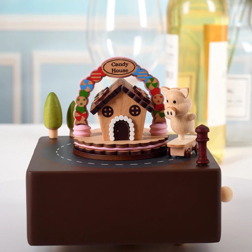 Weihnachtsgeschenke Großhandel Logo gravieren mechanische Wind Up Uhrwerk rotierende Karussell Ballerina Spieluhr aus Holz als Geschenk