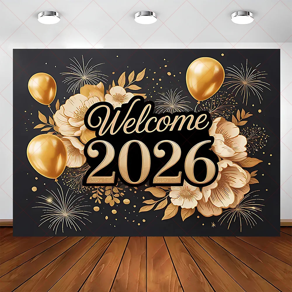 2026 Frohes Neues Jahr Party Hintergrund Banner Glitzer Uhr Champagner Hintergrund Gold Ballon Home Party Dekoration Fotografie Prop