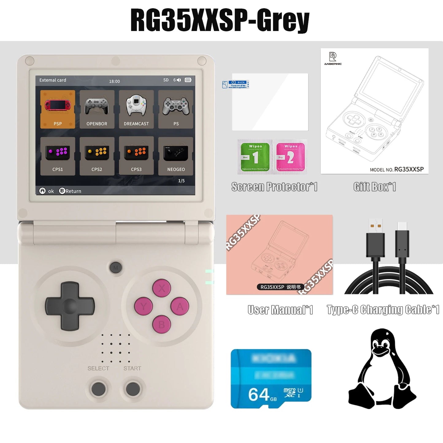 ANBERNIC NEUE RG35XXSP Flip-Handheld-Spielekonsole 3,5 Zoll IPS Clamshell-Video-Gaming-Konsole 64-Bit-Linux-System 64 G Online-Play