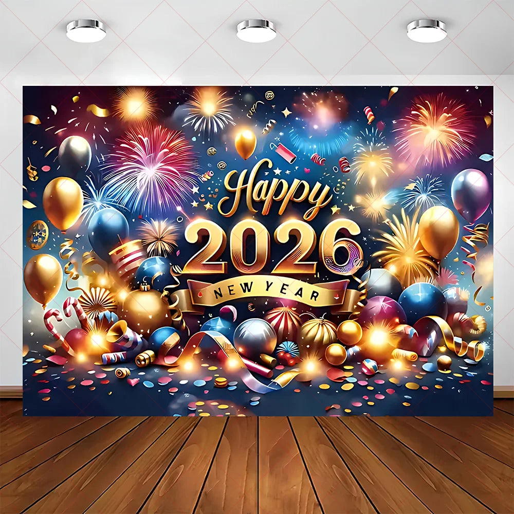 2026 Frohes Neues Jahr Party Hintergrund Banner Glitzer Uhr Champagner Hintergrund Gold Ballon Home Party Dekoration Fotografie Prop