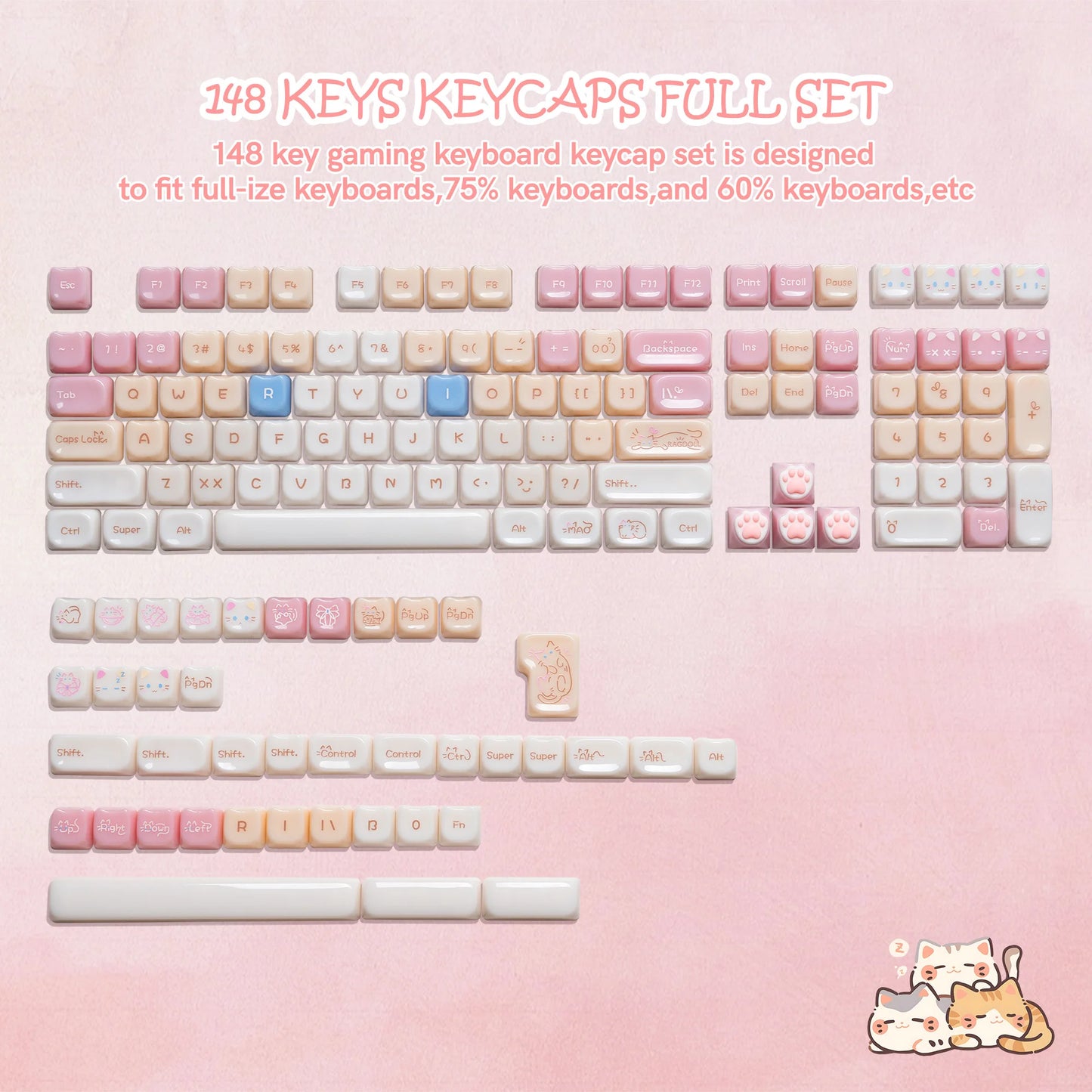 148 Tasten MAO Profil Pink Cat PBT Tastenkappen Zoll Dye Sub Tastenkappen für 61/87/104 Cherry MX Switch Gaming mechanische Tastatur