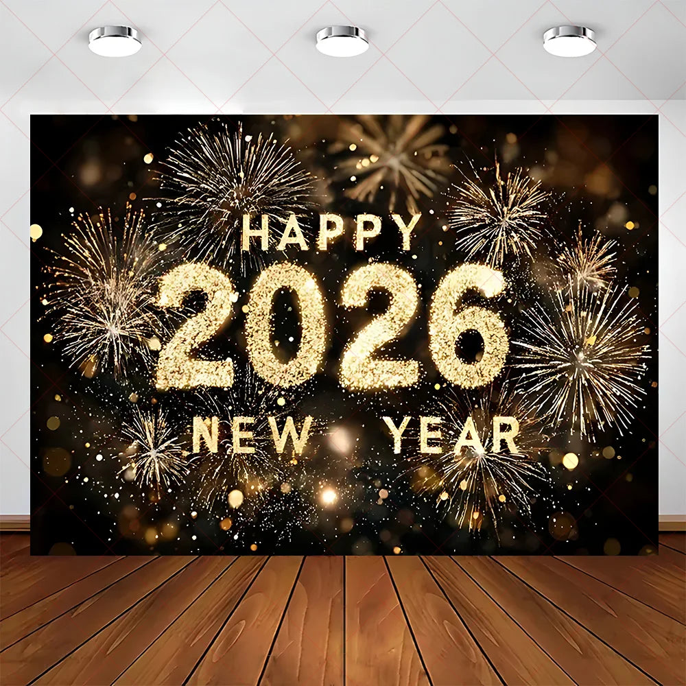 2026 Frohes Neues Jahr Party Hintergrund Banner Glitzer Uhr Champagner Hintergrund Gold Ballon Home Party Dekoration Fotografie Prop
