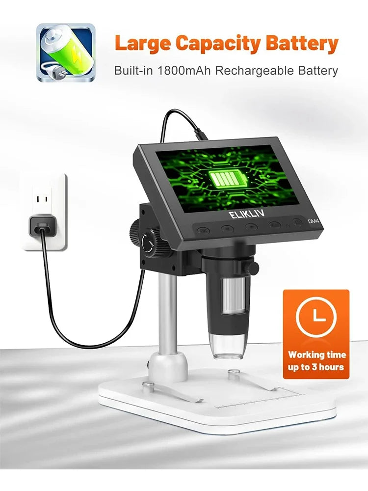 Elikliv EDM4 4,3-Zoll-LCD-Digitalmikroskop für elektronische 1000-fache Münzlupe, Reparaturmikroskop mit LED-Leuchten für PC und Windows