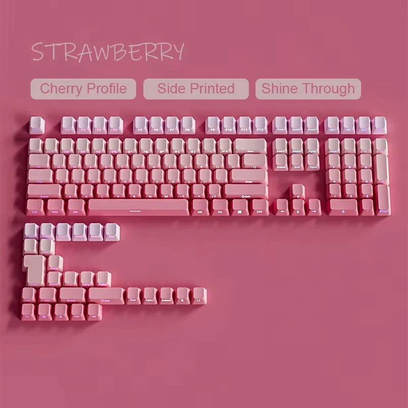 135 Tasten Double Shot Shine Through Tastenkappen Erdbeerrosa Seitendruck PBT Tastenkappen Kirschprofil für MX Switches Gaming-Tastatur