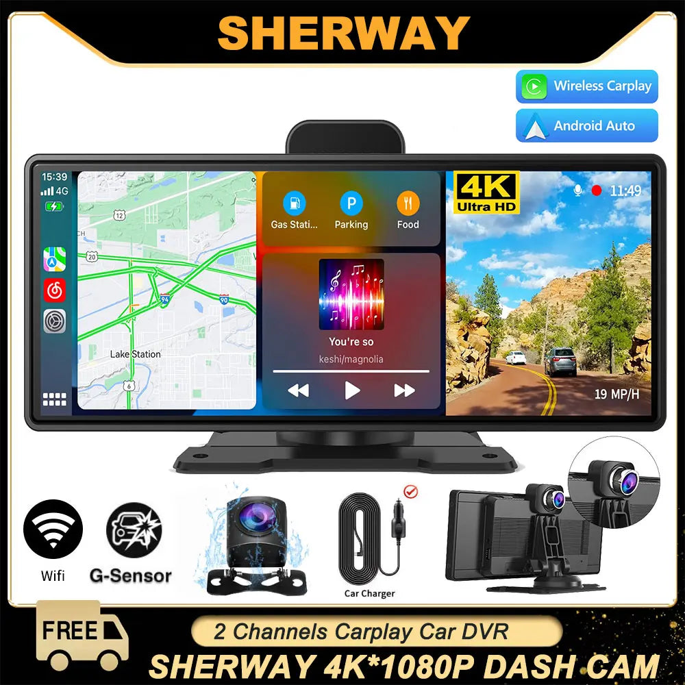 Drahtloser Apple Carplay-Bildschirm für Auto, 4K-Dashcam und 720P-Rückfahrkamera, 10,26 Zoll Carplay und Android mit GPS-Navigations-Dashcam