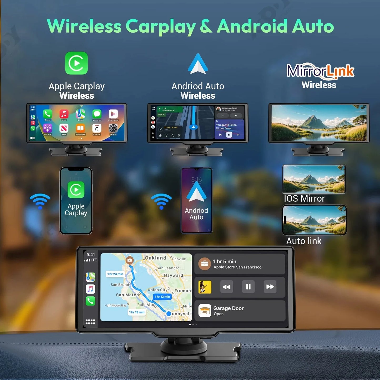 Drahtloser Apple Carplay-Bildschirm für Auto, 4K-Dashcam und 720P-Rückfahrkamera, 10,26 Zoll Carplay und Android mit GPS-Navigations-Dashcam