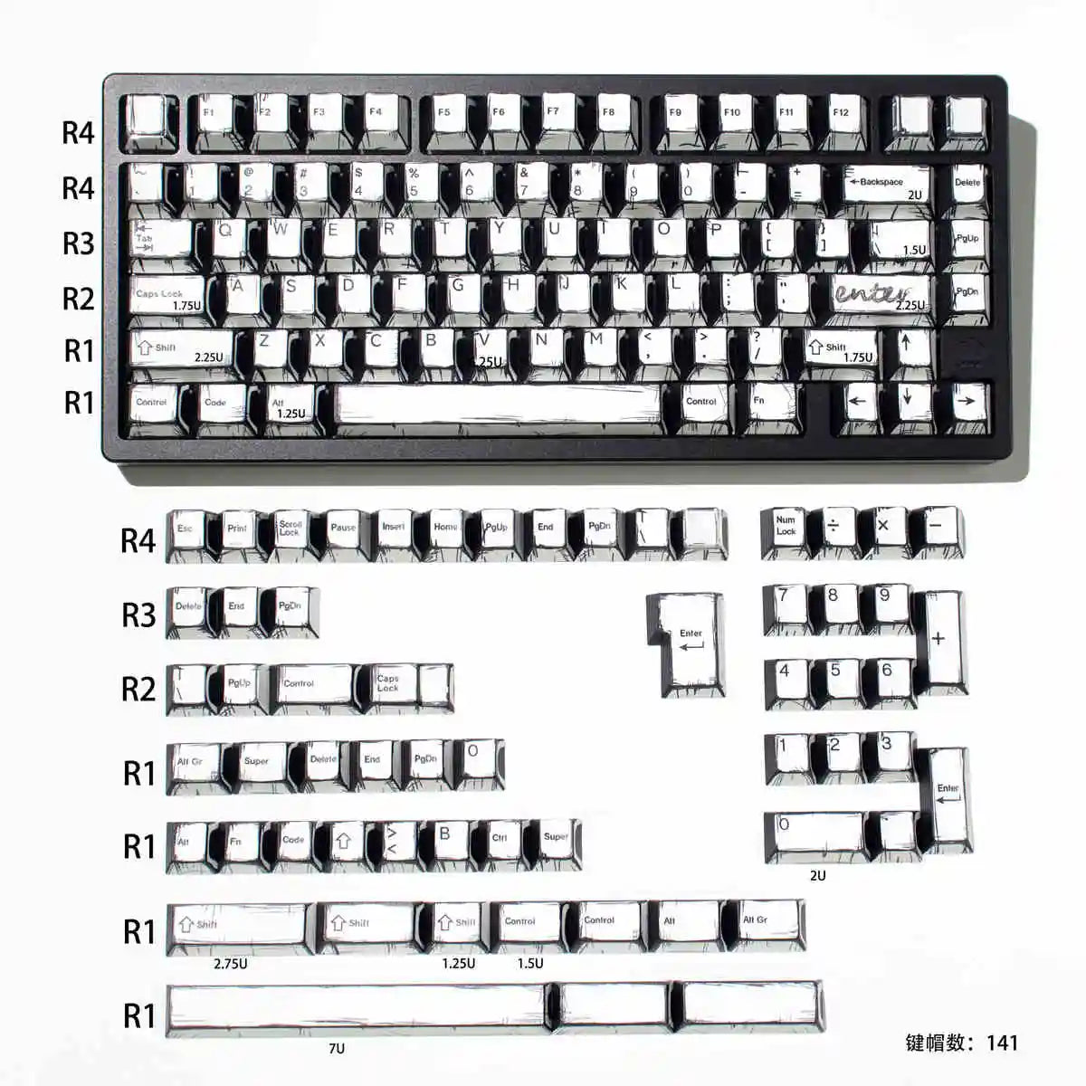 Comic Mixed Lights Dye Sublimation PBT Tastenkappe Russisch/Koreanisch/Deutsch/Englisch Tastenkappen Kirschprofil für MX Switch Gaming Keybaord