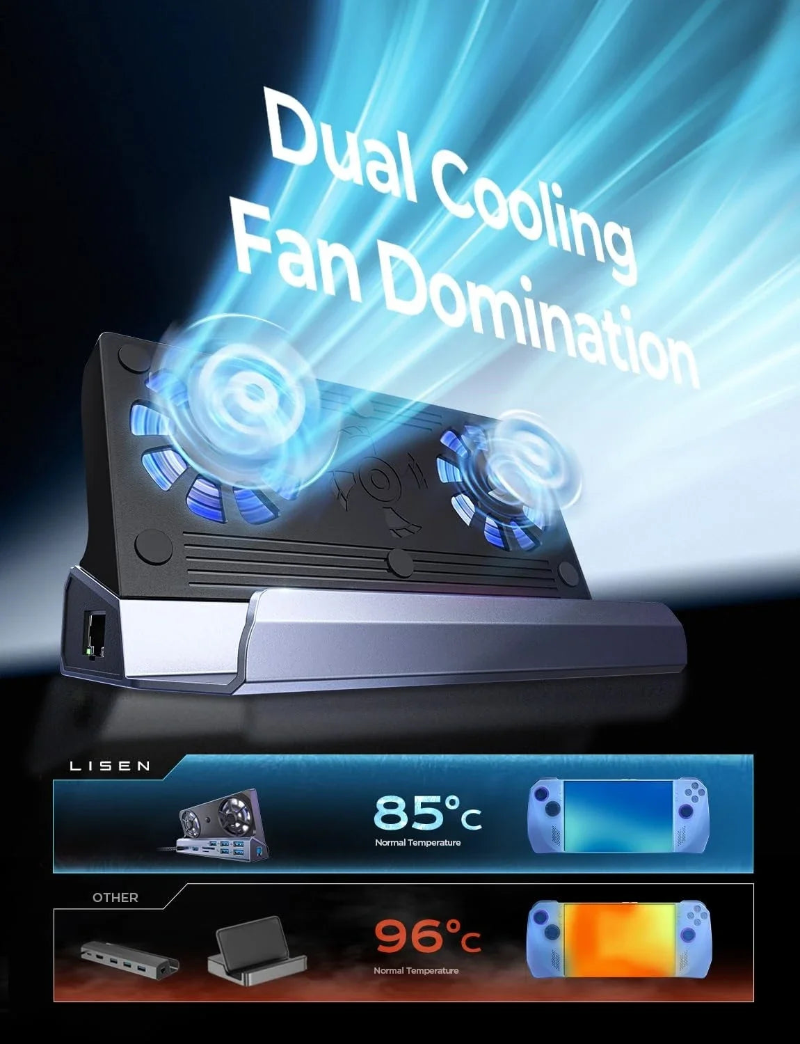 13-in-1-Legion-Go-Dockingstation, Legion-Go-Dock-Hub mit 5 USB, Dual-Lüfter, HDMI 4K bei 60 Hz, 100 W Aufladung für Legion Go