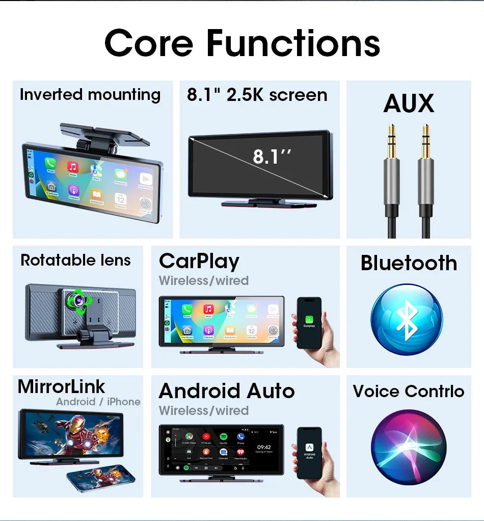 Carplay-Bildschirm für Auto, 8,1-Zoll-tragbarer Touchscreen-Autoradio mit Android Auto, 2,5 K Dashcam, Autoradio-Multimedia-Video-Player
