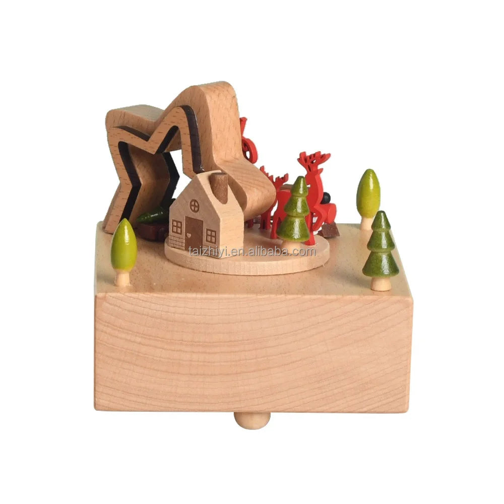Weihnachtsgeschenke Großhandel Logo gravieren mechanische Wind Up Uhrwerk rotierende Karussell Ballerina Spieluhr aus Holz als Geschenk