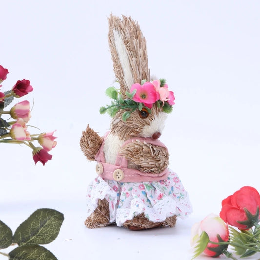 Ostern Stroh Kaninchen Ornament für kreative künstliche Hase für mit Blumenkranz Schürze stehende Figur Urlaub Party