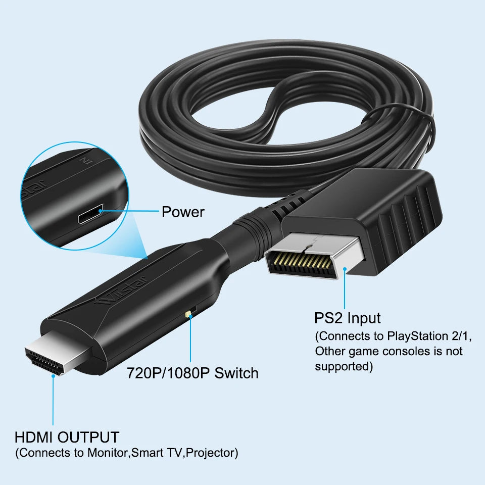 PS2-zu-HDMI-Konverter-Adapter, PS2-zu-HDMI-Kabel, PS2-zu-HDMI-Unterstützung 1080P, Verbindung eines PS2-zu-modernen Fernsehs mit HDMI