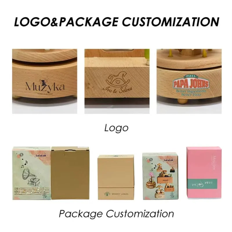 Weihnachtsgeschenke Großhandel Logo gravieren mechanische Wind Up Uhrwerk rotierende Karussell Ballerina Spieluhr aus Holz als Geschenk