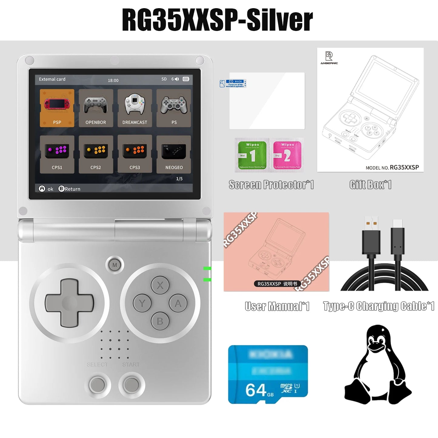 ANBERNIC NEUE RG35XXSP Flip-Handheld-Spielekonsole 3,5 Zoll IPS Clamshell-Video-Gaming-Konsole 64-Bit-Linux-System 64 G Online-Play