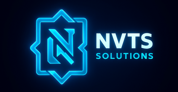 NVTS Solutions logo with blue neon design on a black background