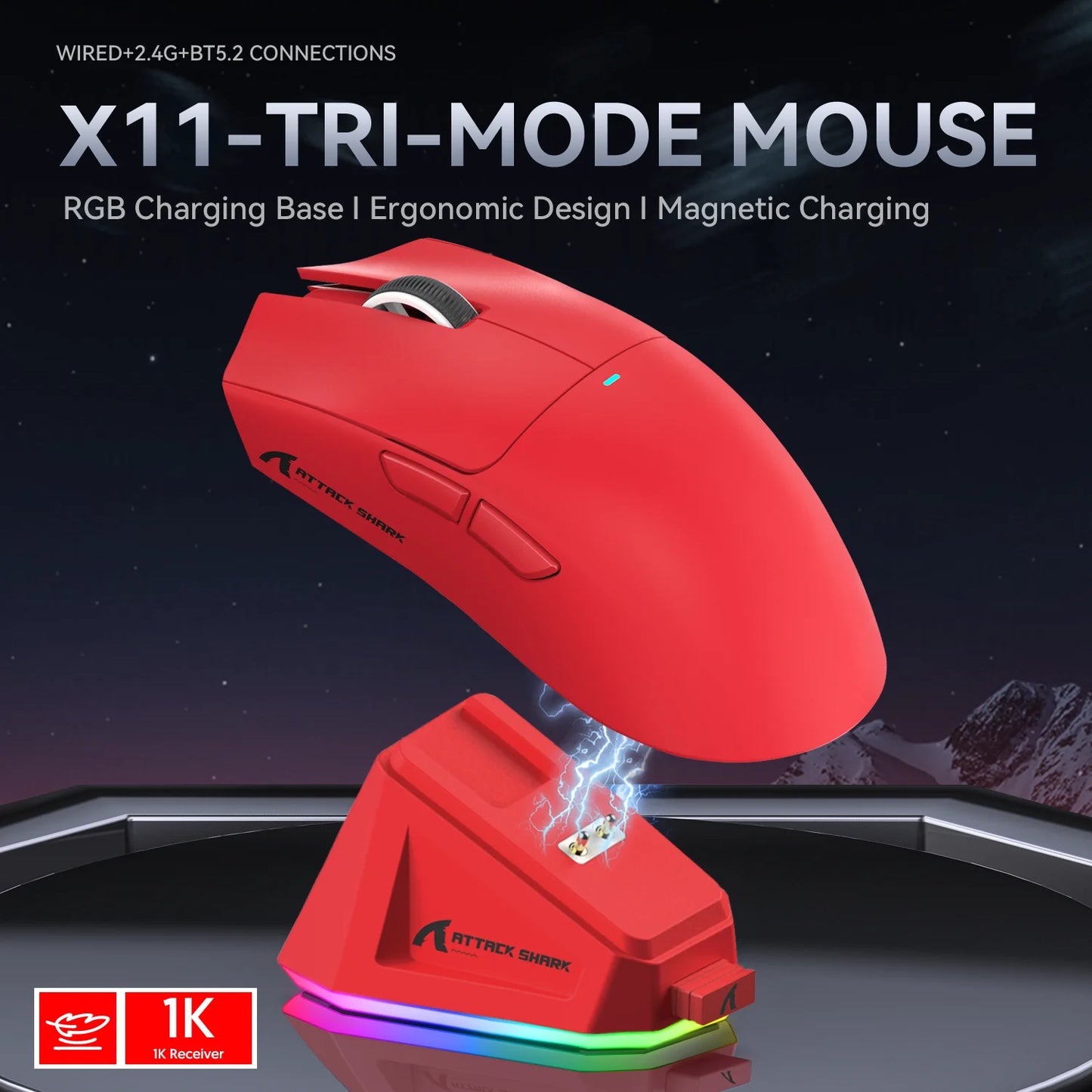 Attack Shark X11 Tri-Mode-Gaming-Maus mit magnetischer Ladestation, PixArt PAW3311-Sensor, 22K DPI, BT/2,4 GHz/kabelgebunden, für PC/MAC
