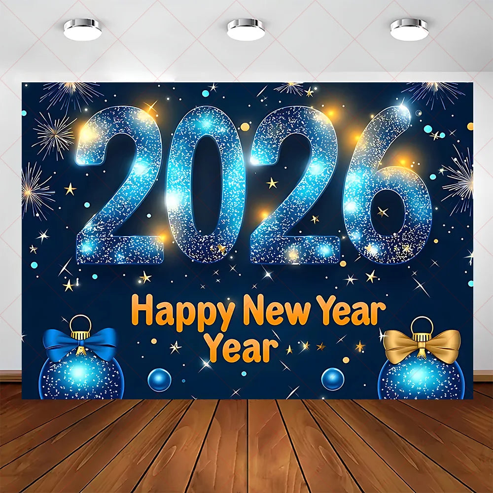 2026 Frohes Neues Jahr Party Hintergrund Banner Glitzer Uhr Champagner Hintergrund Gold Ballon Home Party Dekoration Fotografie Prop