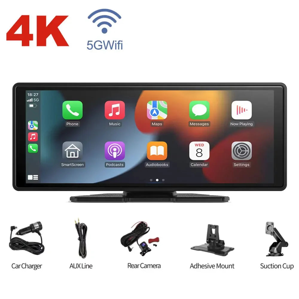 Drahtloser Apple Carplay-Bildschirm für Auto, 4K-Dashcam und 720P-Rückfahrkamera, 10,26 Zoll Carplay und Android mit GPS-Navigations-Dashcam