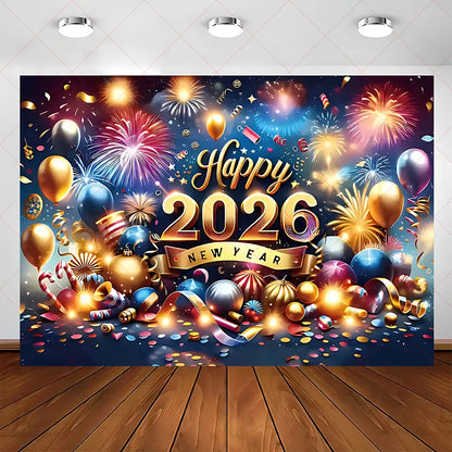 2026 Frohes Neues Jahr Party Hintergrund Banner Glitzer Uhr Champagner Hintergrund Gold Ballon Home Party Dekoration Fotografie Prop