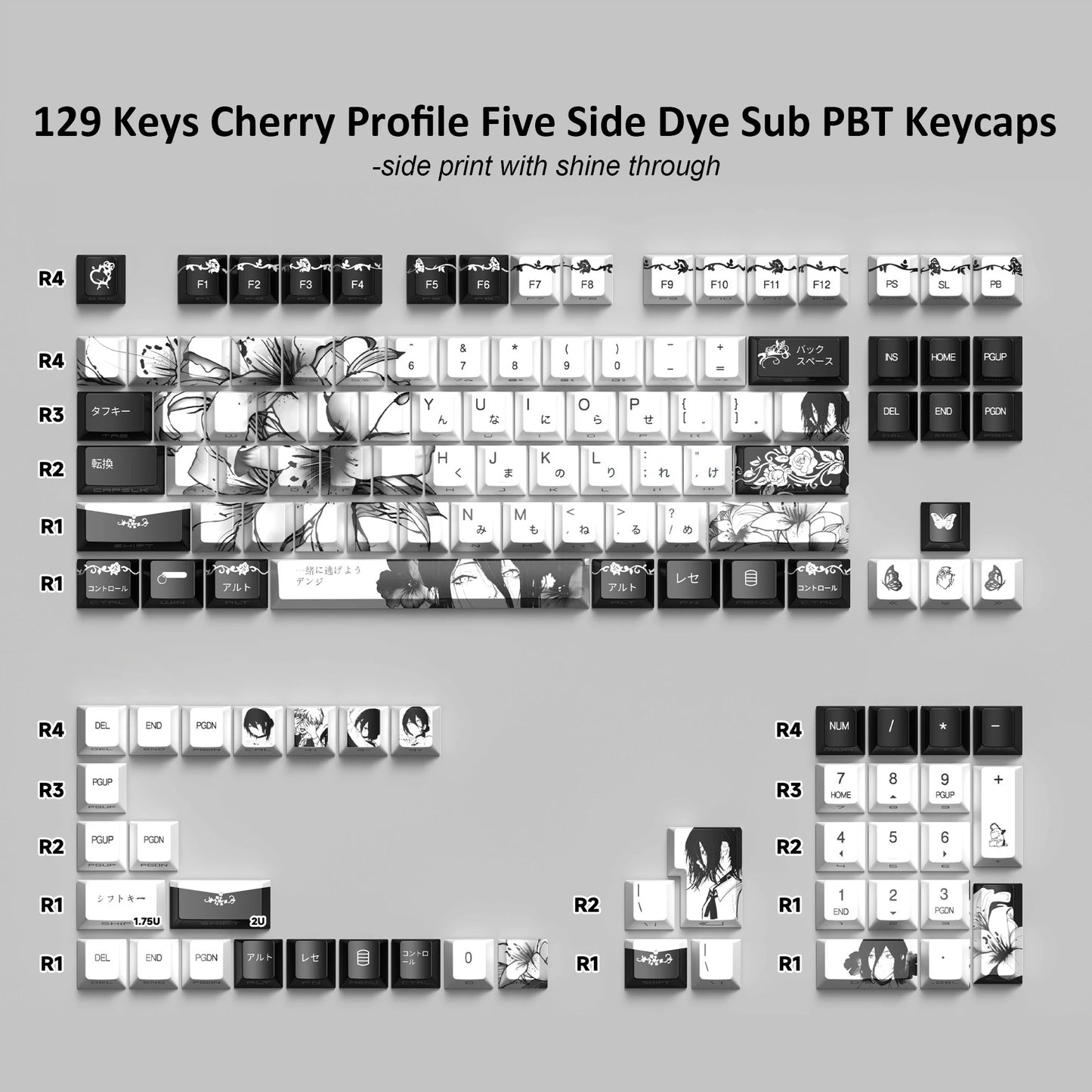 129 Tasten Swordsman 5-seitig Dye Sub PBT Tastenkappe Cherry Profile Side Gedruckt Shine Through Tastenkappen für MX Switches Gaming-Tastatur