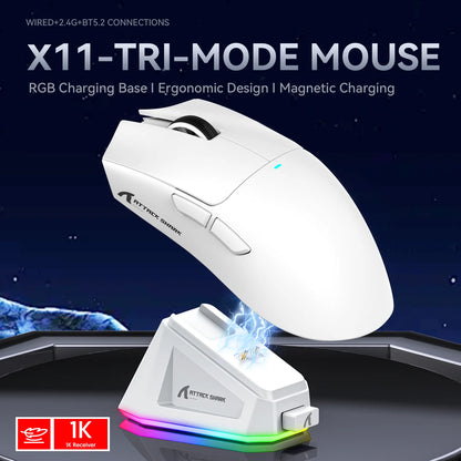 Attack Shark X11 Tri-Mode-Gaming-Maus mit magnetischer Ladestation, PixArt PAW3311-Sensor, 22K DPI, BT/2,4 GHz/kabelgebunden, für PC/MAC
