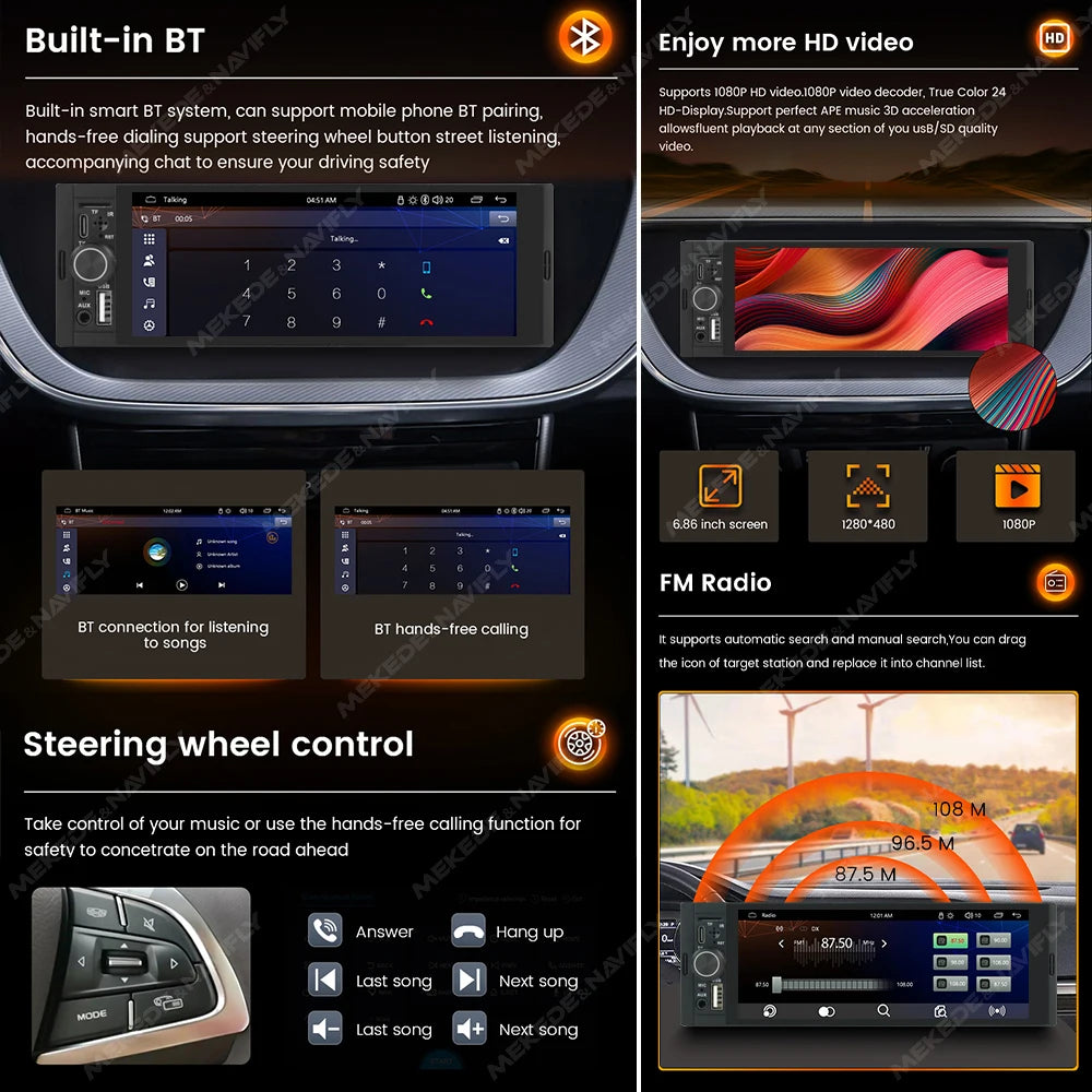 NaviFly 6,86 Zoll Universal FM Carplay Android Auto Auto Radio Autoradio Multimedia Player Auto Stereo MP5 Player Kamera Keine DVD