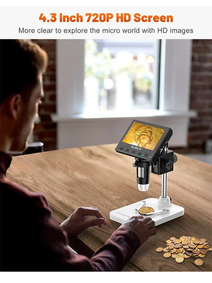 Elikliv EDM4 4,3-Zoll-LCD-Digitalmikroskop für elektronische 1000-fache Münzlupe, Reparaturmikroskop mit LED-Leuchten für PC und Windows