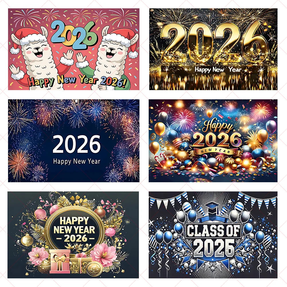 2026 Frohes Neues Jahr Party Hintergrund Banner Glitzer Uhr Champagner Hintergrund Gold Ballon Home Party Dekoration Fotografie Prop