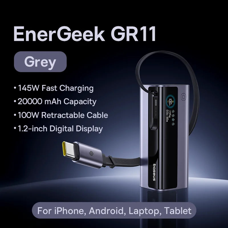 Baseus 145 W Power Bank 20000 mAh, integriertes 100 W einziehbares Typ-C-Kabel, schnelles Aufladen, tragbares externes Ladegerät, PowerBank