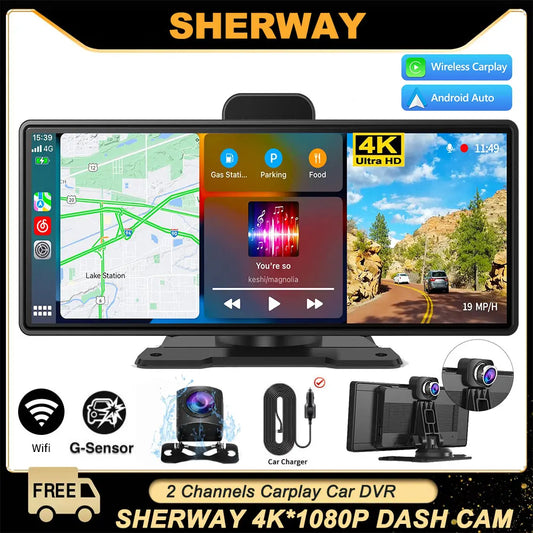Drahtloser Apple Carplay-Bildschirm für Auto, 4K-Dashcam und 720P-Rückfahrkamera, 10,26 Zoll Carplay und Android mit GPS-Navigations-Dashcam