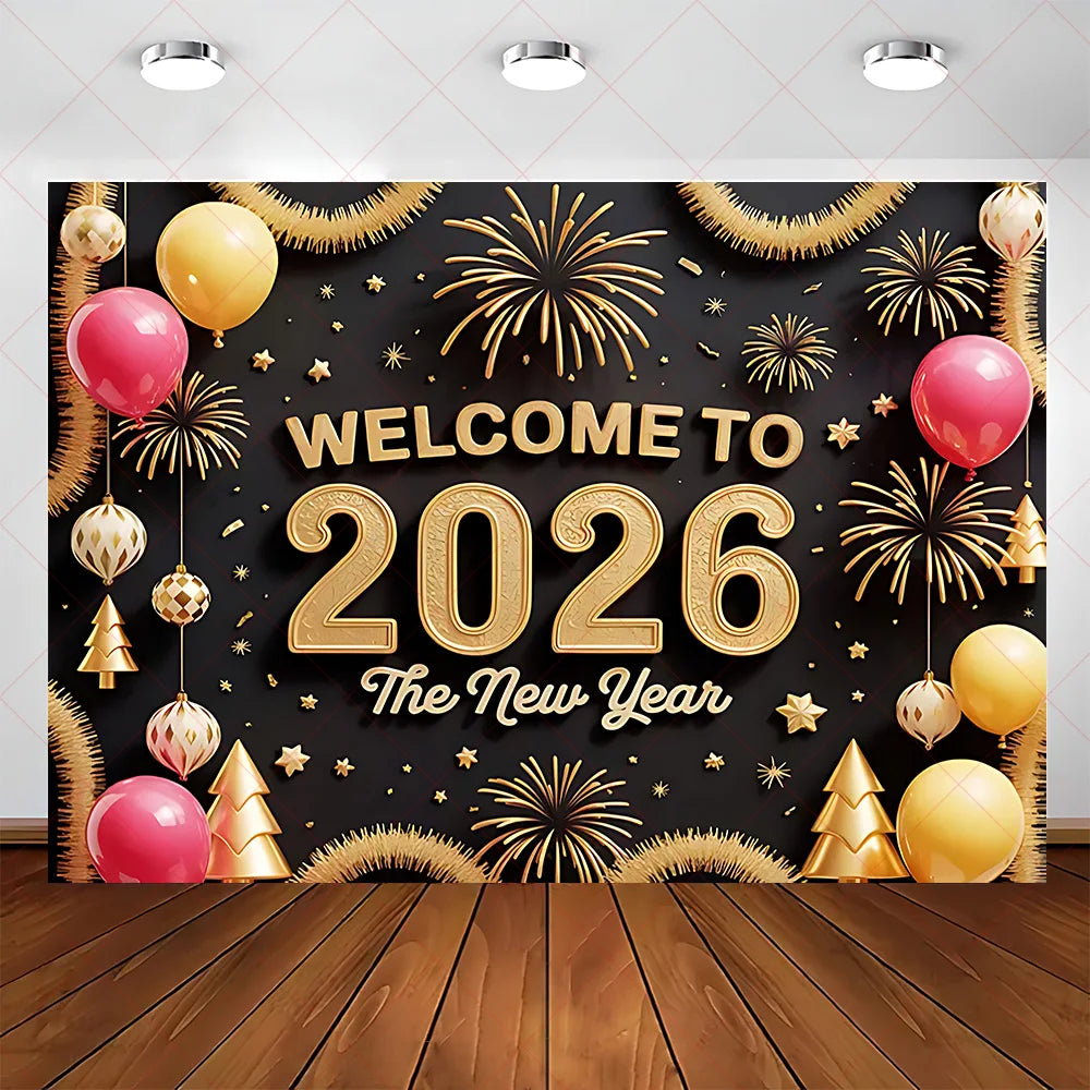 2026 Frohes Neues Jahr Party Hintergrund Banner Glitzer Uhr Champagner Hintergrund Gold Ballon Home Party Dekoration Fotografie Prop