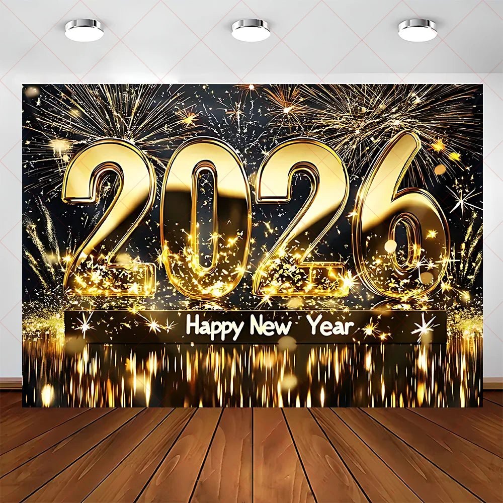 2026 Frohes Neues Jahr Party Hintergrund Banner Glitzer Uhr Champagner Hintergrund Gold Ballon Home Party Dekoration Fotografie Prop