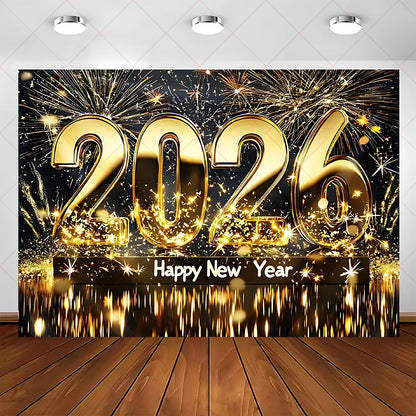 2026 Frohes Neues Jahr Party Hintergrund Banner Glitzer Uhr Champagner Hintergrund Gold Ballon Home Party Dekoration Fotografie Prop