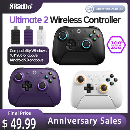 8BitDo Ultimate 2 Wireless Gaming Controller für PC und Android mit TMR-Joysticks, umschaltbaren Auslöser, Bewegungssteuerung, 8 Geschwindigkeiten