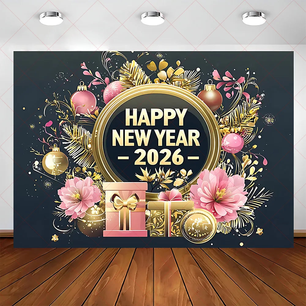 2026 Frohes Neues Jahr Party Hintergrund Banner Glitzer Uhr Champagner Hintergrund Gold Ballon Home Party Dekoration Fotografie Prop
