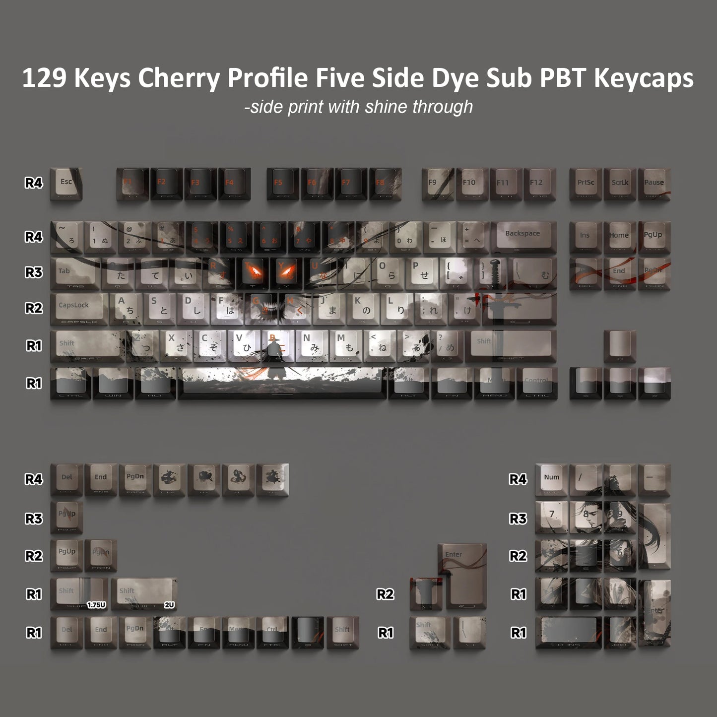 129 Tasten Swordsman 5-seitig Dye Sub PBT Tastenkappe Cherry Profile Side Gedruckt Shine Through Tastenkappen für MX Switches Gaming-Tastatur