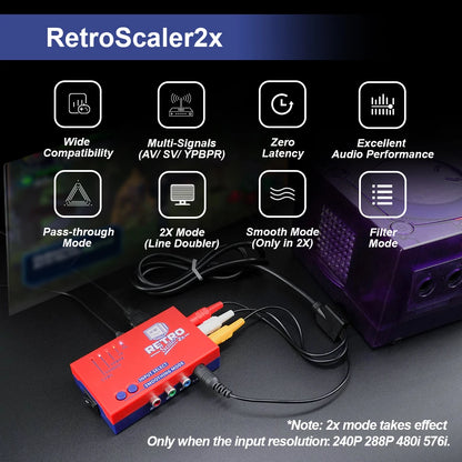 RetroScaler2x AV zu HDMI-kompatibler Konverter und Line-Doubler für Retro-Spielekonsolen PS2 N64 NES Dreamcast Saturn MD1 MD2