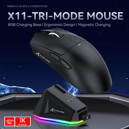 Attack Shark X11 Tri-Mode-Gaming-Maus mit magnetischer Ladestation, PixArt PAW3311-Sensor, 22K DPI, BT/2,4 GHz/kabelgebunden, für PC/MAC