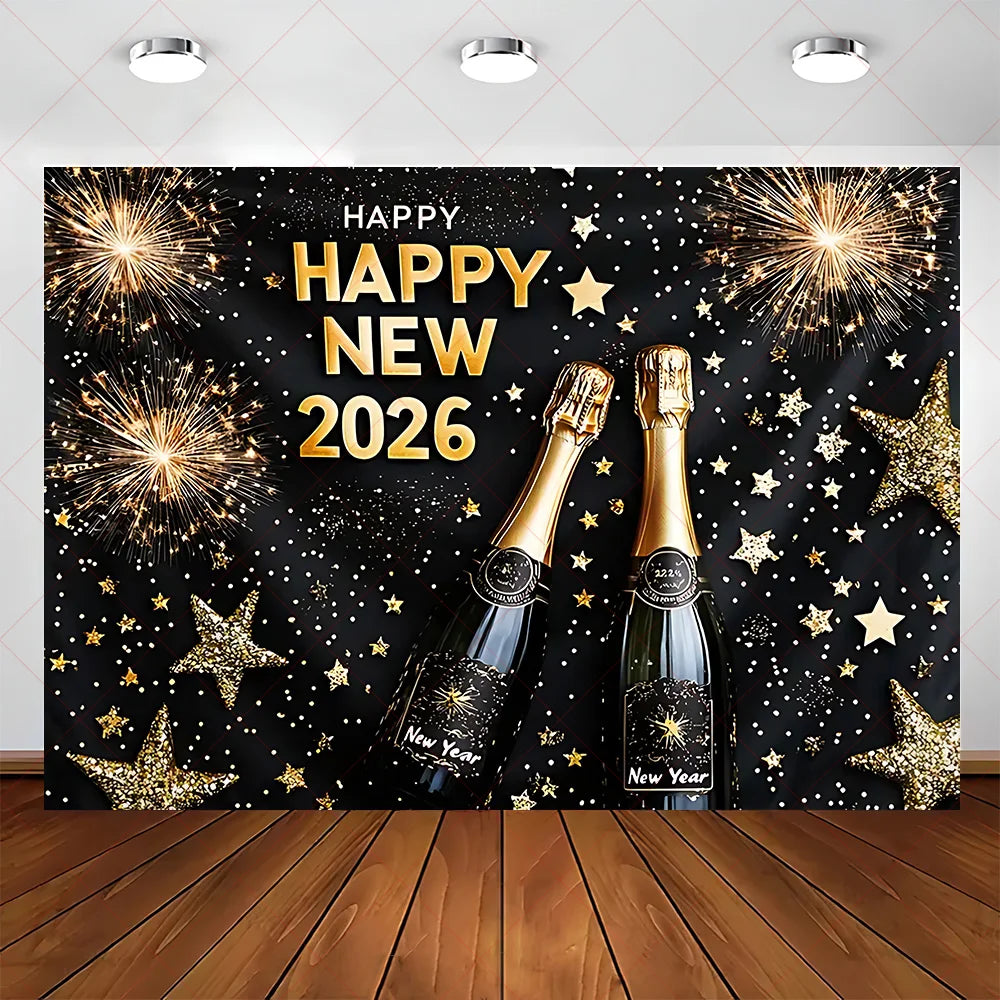 2026 Frohes Neues Jahr Party Hintergrund Banner Glitzer Uhr Champagner Hintergrund Gold Ballon Home Party Dekoration Fotografie Prop