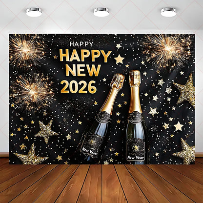 2026 Frohes Neues Jahr Party Hintergrund Banner Glitzer Uhr Champagner Hintergrund Gold Ballon Home Party Dekoration Fotografie Prop