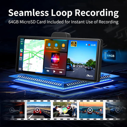 Drahtloser Apple Carplay-Bildschirm für Auto, 4K-Dashcam und 720P-Rückfahrkamera, 10,26 Zoll Carplay und Android mit GPS-Navigations-Dashcam
