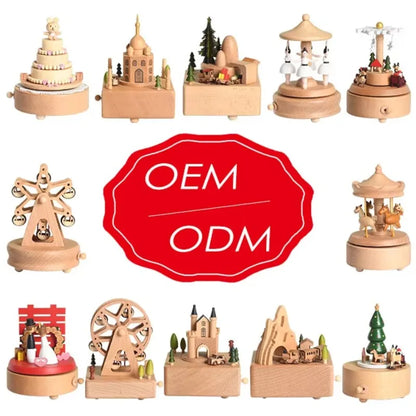 Weihnachtsgeschenke Großhandel Logo gravieren mechanische Wind Up Uhrwerk rotierende Karussell Ballerina Spieluhr aus Holz als Geschenk