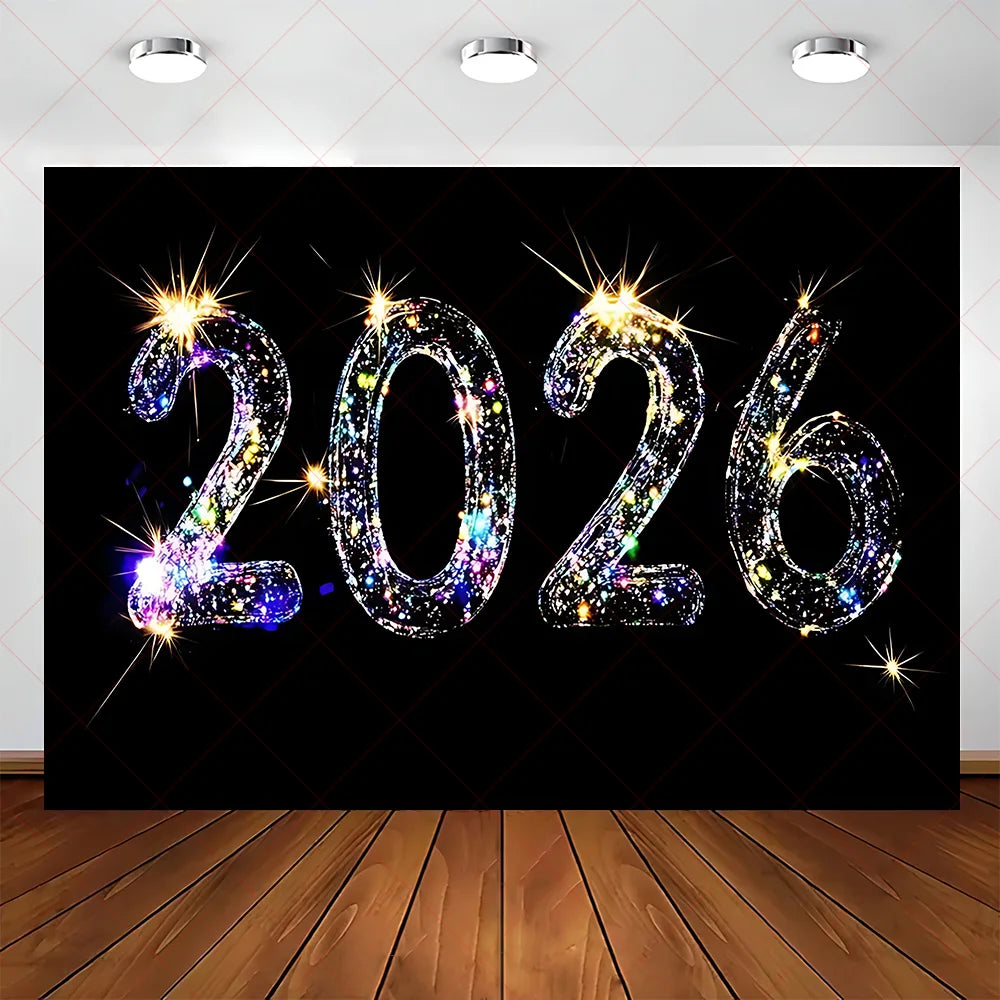 2026 Frohes Neues Jahr Party Hintergrund Banner Glitzer Uhr Champagner Hintergrund Gold Ballon Home Party Dekoration Fotografie Prop