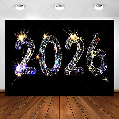 2026 Frohes Neues Jahr Party Hintergrund Banner Glitzer Uhr Champagner Hintergrund Gold Ballon Home Party Dekoration Fotografie Prop