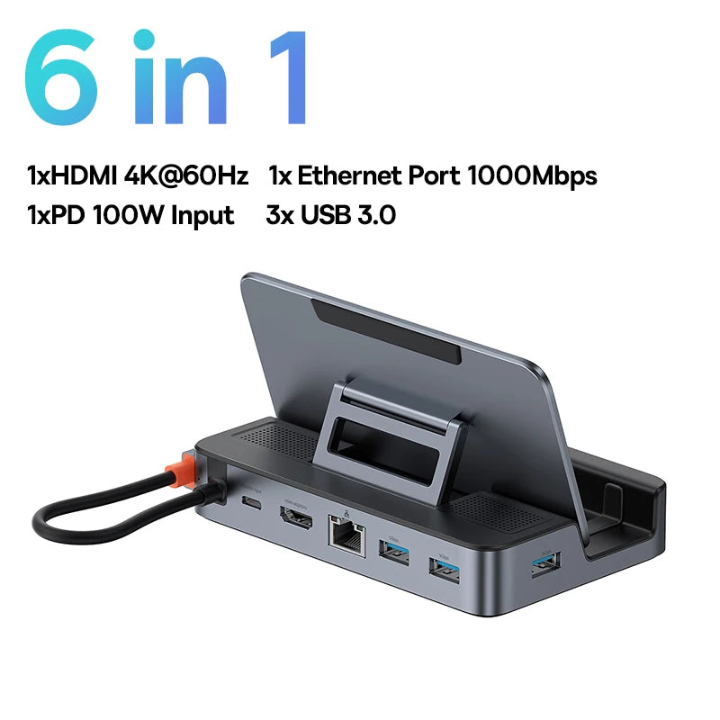 Baseus USB C Dockingstation für Steam Deck Nintend Switch 6-in-1 Typ C auf 4K@60Hz HDMI-kompatibler Gigabit Ethernet USB 3.0 Hub