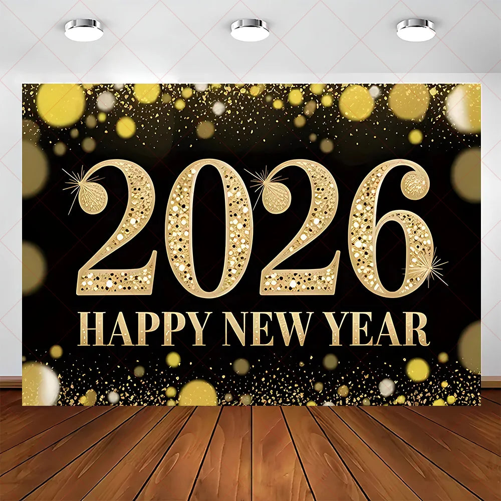 2026 Frohes Neues Jahr Party Hintergrund Banner Glitzer Uhr Champagner Hintergrund Gold Ballon Home Party Dekoration Fotografie Prop