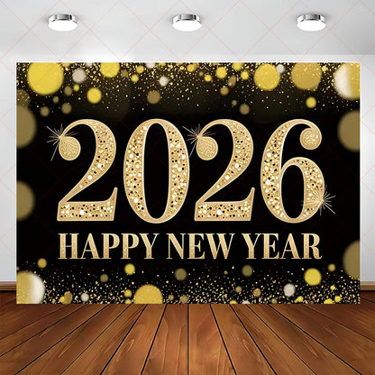 2026 Frohes Neues Jahr Party Hintergrund Banner Glitzer Uhr Champagner Hintergrund Gold Ballon Home Party Dekoration Fotografie Prop