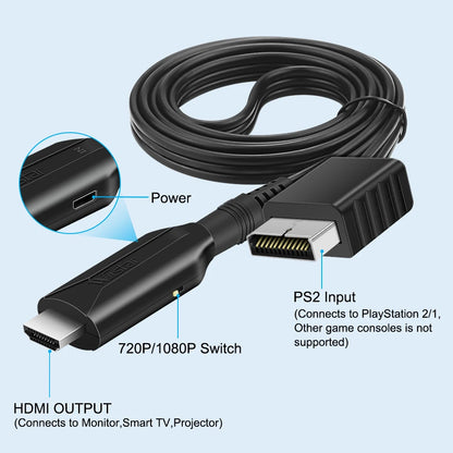 PS2-zu-HDMI-Konverter-Adapter, PS2-zu-HDMI-Kabel, PS2-zu-HDMI-Unterstützung 1080P, Verbindung eines PS2-zu-modernen Fernsehs mit HDMI