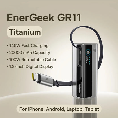 Baseus 145 W Power Bank 20000 mAh, integriertes 100 W einziehbares Typ-C-Kabel, schnelles Aufladen, tragbares externes Ladegerät, PowerBank